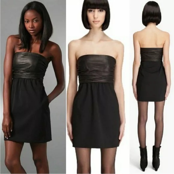 $415 Theory Amandine Chateau Strapless Lamb Leather & Wool Twill Mini Dress 2 ❤️ - Picture 1 of 10